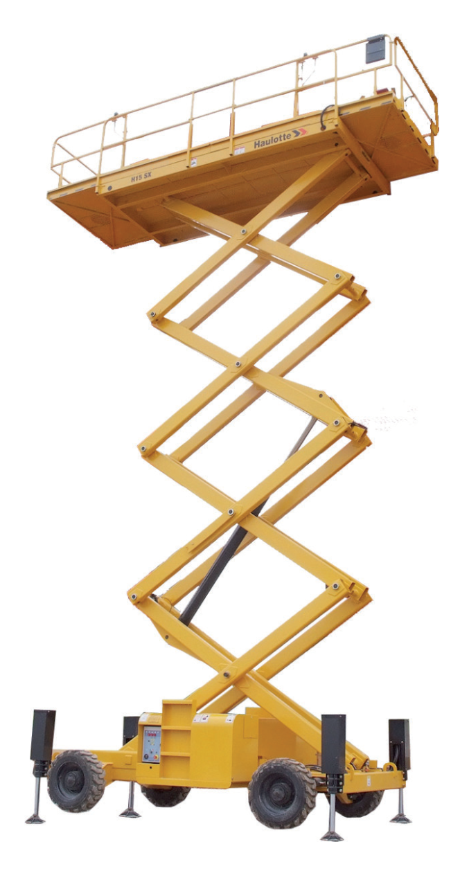 Large platform rough-terrain scissor lift (diesel, 4 WD), 15m